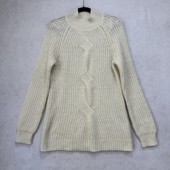 Calvin Klein Sweater Womens Medium Ivory Mock Neck Chunky Cable Knit Pullover - Picture 1 of 8